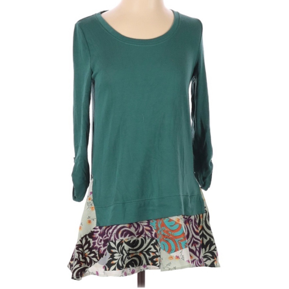 Anthropologie Little Yellow Button Mixed Print Tunic XS Green Boho Patchwork Top